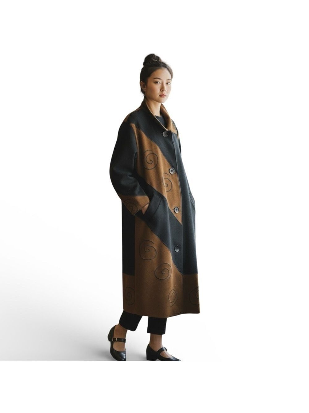 Two-Tone Black and Brown Long Trench Coat with Spiral Accents